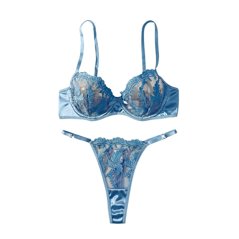 2440 Sexy Satin Mesh Floral Sheer Embroidered Underwire Lingerie Set 2